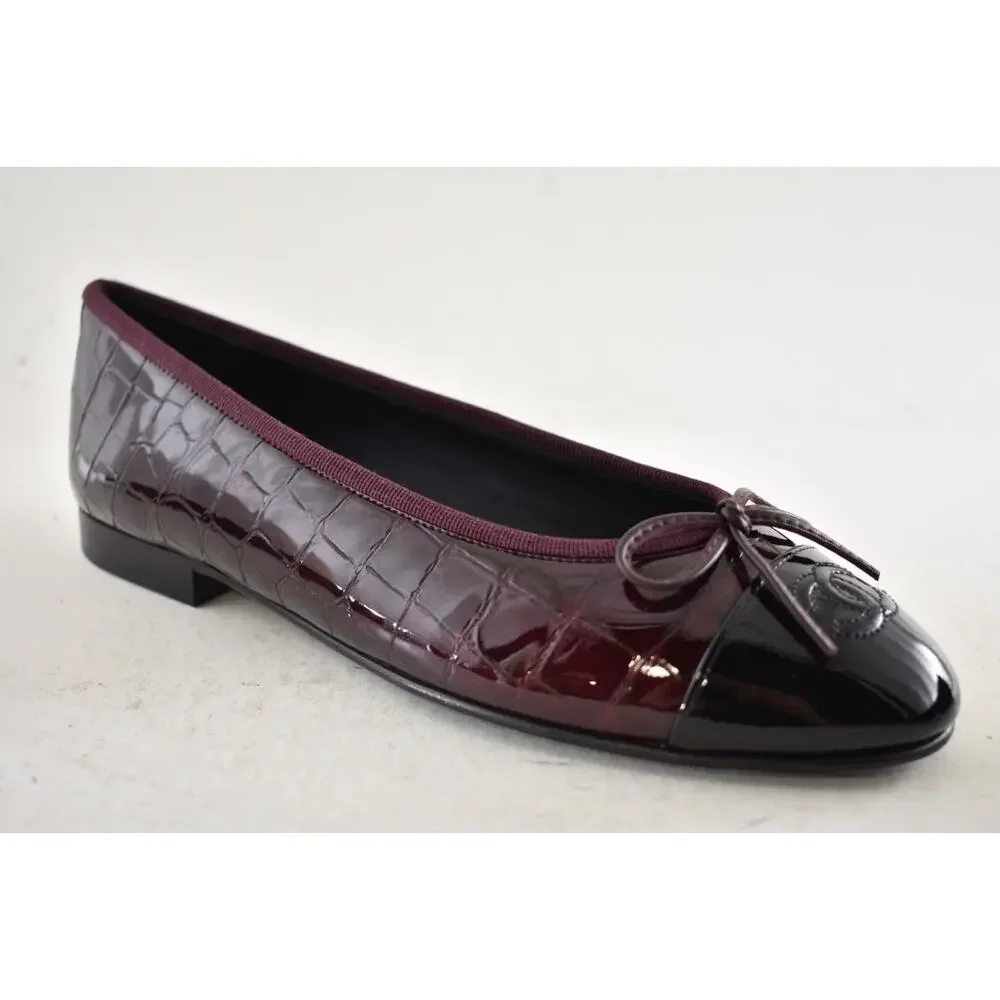 Chanel 26A Burgundy Red Black Crocodile Croc CC Logo Ballet Ballerina Flat 38.5